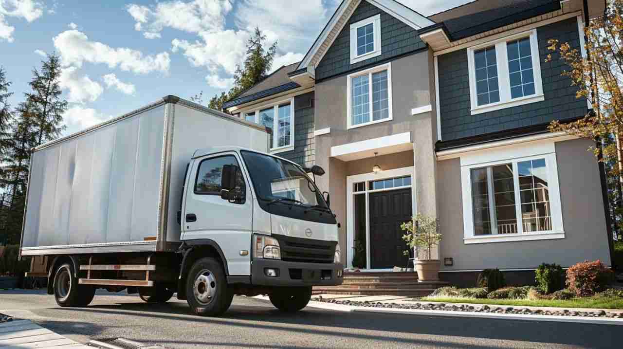 Moving truck in front of a house.