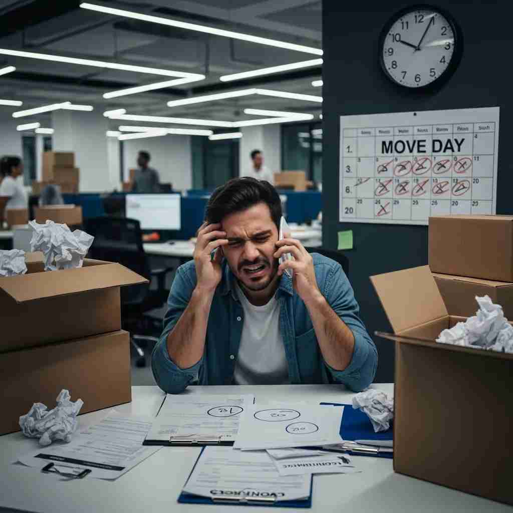 Frustrated customer on the phone with a national moving company, illustrating communication breakdowns